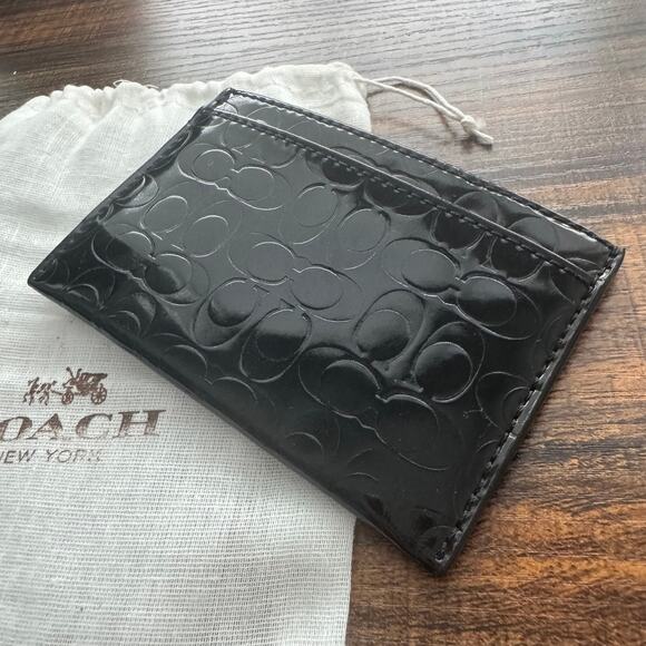 New Coach Embossed Liquid Gloss Patent Card Case in Black w/ Dust Bag - Picture 1 of 12